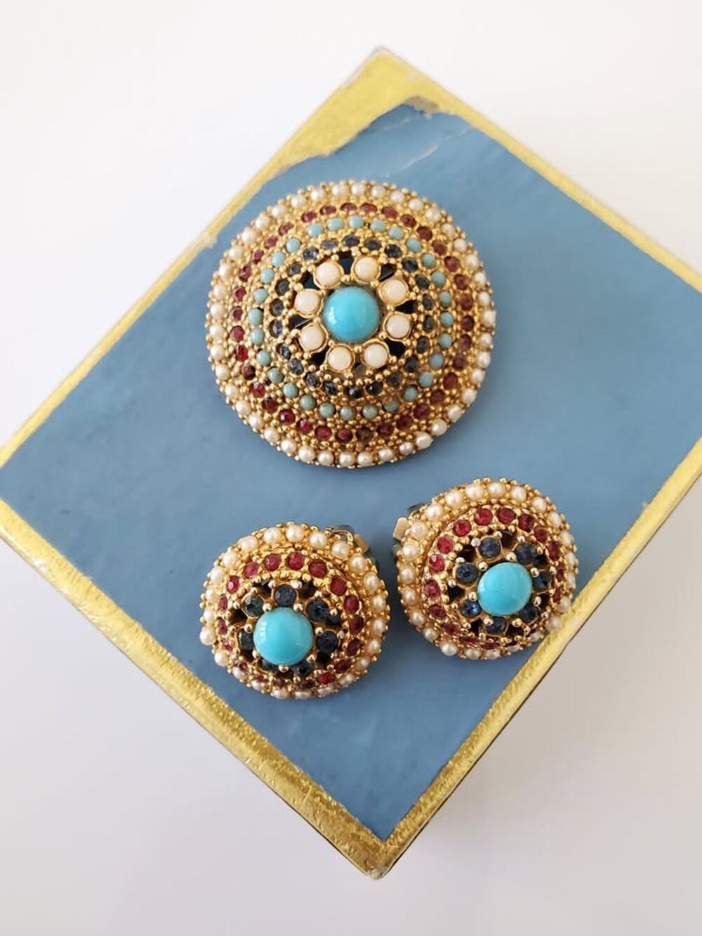 Vintage Art Designer Multicolor & Faux Pearl Dome Brooch and Clip On Earring Set